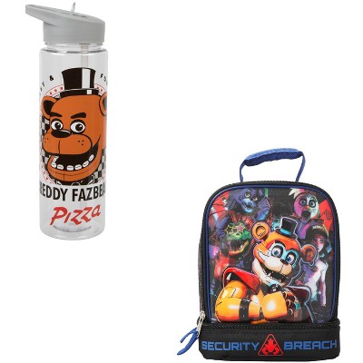 Five Nights at Freddy's Pizza UV 2-Pack 24 Oz Tritan Water Bottle and Security Breach Lunch Box