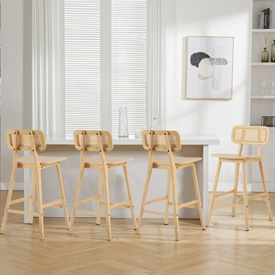 Set of 4 Indoor Wood Barstools with Rubberwood Frame,Rattan Back Bar Stools,Modern Barstools for Kitchen Island or Home Bar-Coolbibila