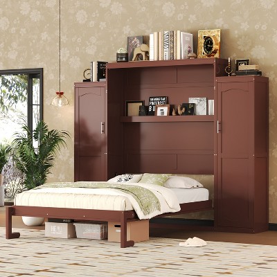 Full/Queen Size Murphy Bed Multifunctional Foldable Platform Bedframe with 2 Wardrobes and Storage Shelf, White/Gray/Walnut-ModernLuxe