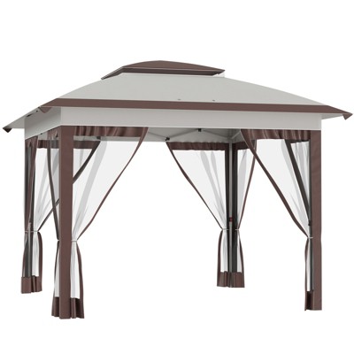 DSVIMOY 12'*12' Pop Up Canopy Tent with Netting and Carry Bag, Instant Sun Shelter for Parties, Height Adjustable, Beige&Brown, 141"*141"*116.4"