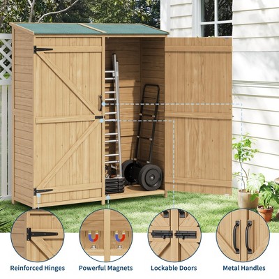 Wooden Outdoor Storage Cabinet with Waterproof Roof, Tall Garden Tool Shed with 2 Removable Shelves