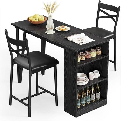 Bar Table and Chairs Set, 3 Piece Bar Table Set with Flip Top Extension and Storage Shelves, Suitable for Small Space Kitchen Apartment