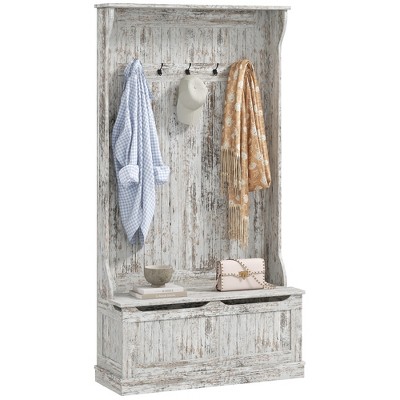 HOMCOM 3-In-1 Hall Tree Storage Bench and Coat Rack with 5 Steel Double Hooks, and Anti-Topple Anchor for Entryway