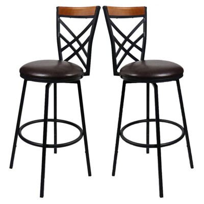 eHemco Swivel Metal Kitchen Counter Barstool with Double X Back Upholstered Faux Leather Seat, Espresso and Black, Set of 2