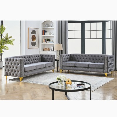 3-Seater + 3-Seater Velvet Buttons Tufted Square Arm Sofa Set with Metal Legs, Nailhead Trim and Suitable for Living Room & Bedroom