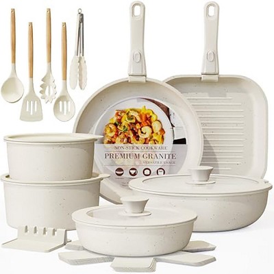 Itopfox 23-Piece Nonstick Cookware Set with Detachable Handles, Oven Safe & Induction Ready, Stackable Ceramic Pots and Pans, Cream White