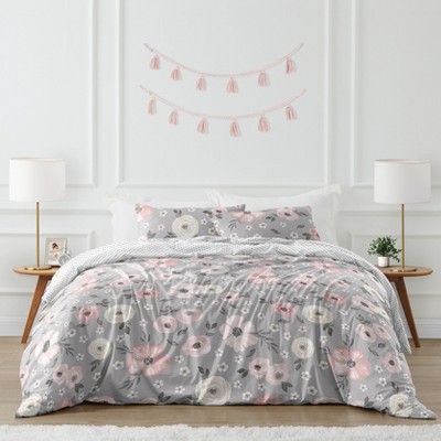Sweet Jojo Designs Full/Queen Comforter Bedding Set Watercolor Floral Grey Pink 3 pc