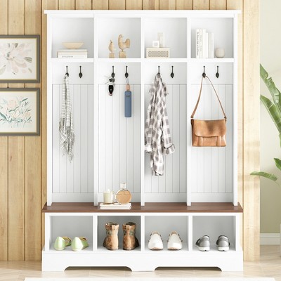 3-in-1 Hall Tree Mudroom Coat&Shoe Rack Entryway Bench with Hooks & Open Compartments - ModernLuxe