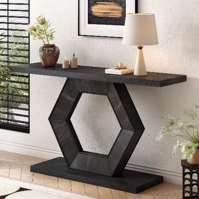 PAGED Modern Console Table with Hollow Hexagon Leg Structure, Entryway Table with Fir Veneer Finish, Artistic Sofa Table for Hallway, Entryway