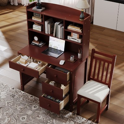 CAVINAS Vintage 40" Home Office Desk Set with Bookshelf and Padded Chair,4-Drawer Computer Desk for Study,Bedroom,Living Room