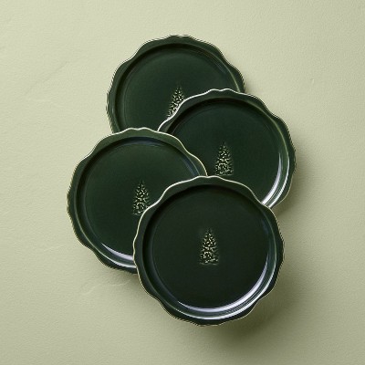 Set of 4 7" Stoneware Carved Ribbed Edge Appetizer Plate Tree Icon Green - Hearth & Hand™ with Magnolia