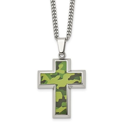 Black Bow Jewelry Men's Stainless Steel Printed Green Camo Cross Necklace, 22 inch