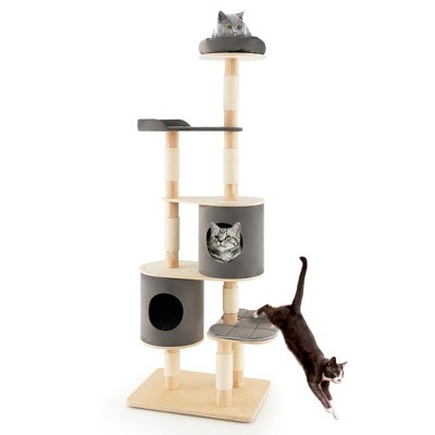 Costway 75'' Multi-layer Wooden Cat Tree Indoor Tower Activity Play Center with 2 Condos