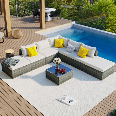 8PCS Patio PE Rattan Conversation Set, Outdoor Wicker Sectional Sofa with Table and Cushions-ModernLuxe