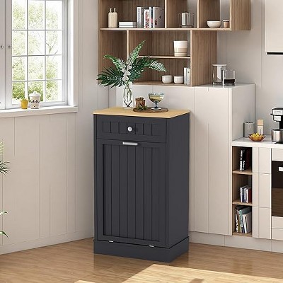 COZONY Wood Trash & Recycling Cabinet with Hideaway Drawer — Pet-Proof Freestanding Kitchen Bin Holder, Space-Saving Design