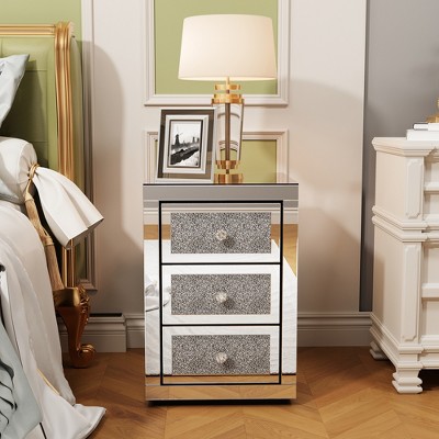 ORRD 3-Drawer Mirrored Nightstand, Silver Glass Bedside Accent Table with Storage for Bedroom & Living Room