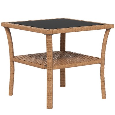 MOEPISY Rattan Side Table, with Storage Shelf, Aluminum Frame Square, Coffee Table with Tempered Glass Top