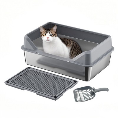 Stainless Steel Cat Litter Box, With High Sides, 4 Silent Anti-slip Pads, Double Layer Litter Mat And Scoop, Easy Clean, Large Enclosure Litter Box