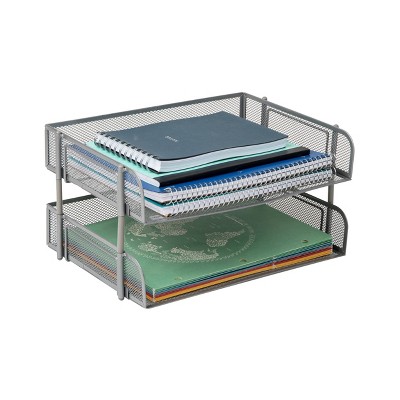Mind Reader Stackable Paper Tray, Desktop Organizer, File Storage, Office, Metal Mesh, 13.5"L x 10"W x 7.25"H, 2pc., Silver