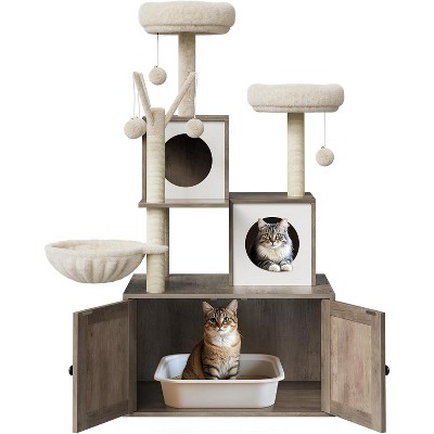 2-in-1 Cat Tree Tower with Litter Box Enclosure - Multi-Level Condo with Scratching Posts, Hammock & Plush Perch for Climbing, Scratching