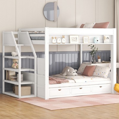 YOOCOZZ Full Size Bunk Bed with Convertible Daybed, Storage Staircase, Bedside Table and Drawers