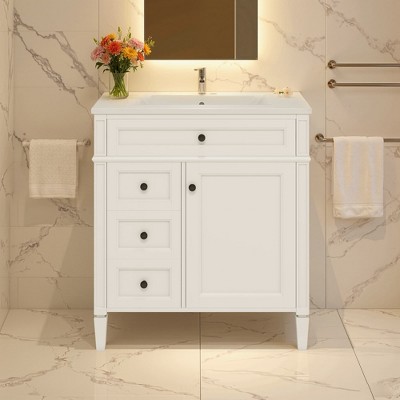 SpassWay 30"L White Modern Bathroom Vanity with Sink 2 Drawers Tip Out Storage Cabinet