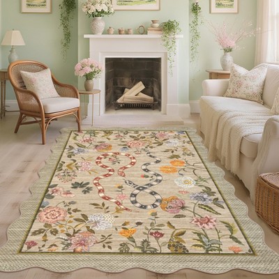 Scalloped Rug for Bedroom Non-Slip Floral Floor Mats