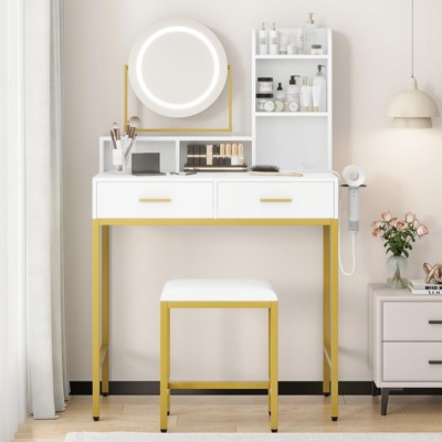 Makeup Vanity Desk with Adjustable Rotating Mirror, 29"W Large Dressing Table with 2 Drawers & Stool, Modern Makeup Vanity Table for Bedroom