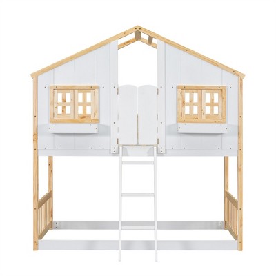 COWLOWN Twin over Twin House Bunk Bed with Roof Window Door Safety Guardrails Ladder Low Height Pine Wood Design