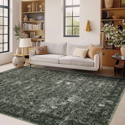 Coolmee Washable Area Rugs for Living Room, Faux Wool Soft Moody Floral Boho Vintage Oriental Indoor Carpet for Bedroom Dining Room