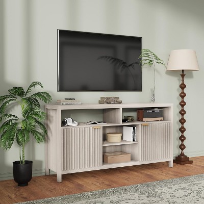 TV Stand 65 Inches,Mid Century Modern Fluted TV Entertainment Center with Storage Cabinets,Slim Tall Wood Media Console Table
