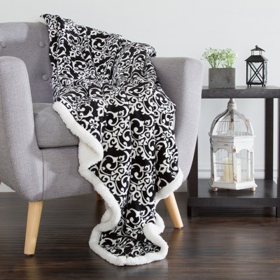 Hastings Home Fleece Faux Shearling Blanket Throw With Classic Damask Pattern - 50" x 60", Black/White