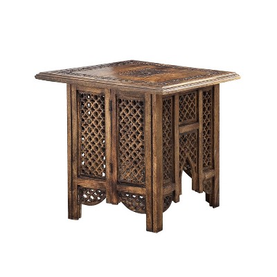 The Urban Port 21" Boho Side End Table Floral Carved Details Foldable Panel Legs Natural/Walnut Brown