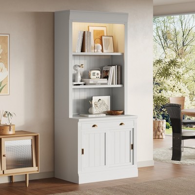 83.4" Tall Bookshelf with LED Lighting, Modern Bookcase with Open Shelves and Storage for Living Room, Home Office, White/Black - ModernLuxe