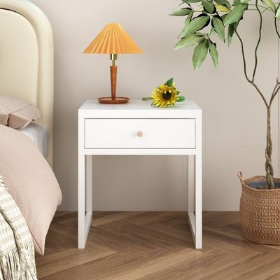 LIVAREEmlen Modern White Nightstand with Drawer, Minimalist Bedside Table with Wood Knob, Compact End Table for Bedroom, Apartment, or Small Spaces