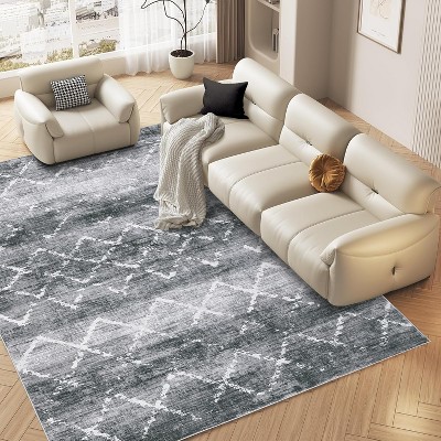 8x10 Washable Neutral Area Rug, Low Pile Modern Trellis Carpet, Non-Slip Farmhouse Floor Cover for Living Room Bedroom, Grey