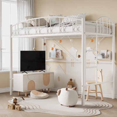 Loft Bed Twin Size, Heavy Duty Metal Loft Bed Frame with Arched Guardrail and Safety Ladder
