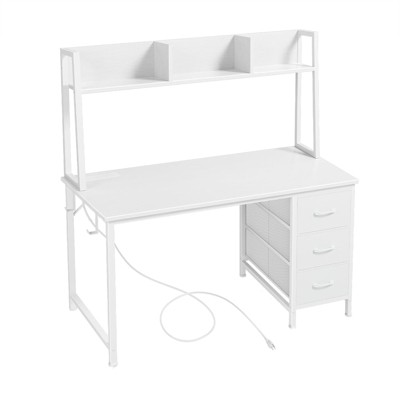 Itopfox White Computer Desk with Hutch & Drawers - Modern Office Desk with Storage Drawers and Power Outlets, Study Writing Desk for Bedroom Home