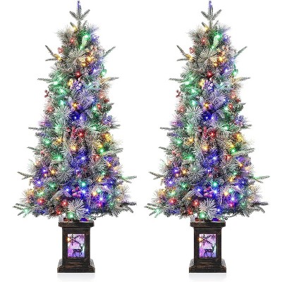 4.5ft Prelit Artificial Christmas Trees with 200 Warm Lights & 20 Clusters Red Berry, Artificial Potted Xmas Tree, Set of 2