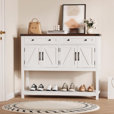 47.2" Modern Farmhouse Buffet Sideboard with 2 Drawers, 4 Sliding Barn Doors, Open Shelf Storage, Wooden Cabinet for Kitchen, Dining Room
