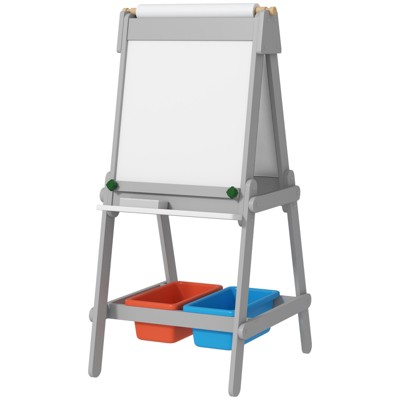 FONTOI Art Easel for Kids, Double Sided Kids Art Easel with Paper Roll, Chalkboard & Storage, Standing Toddler Easel, Gray, 19.7"*42.5"*20.1"