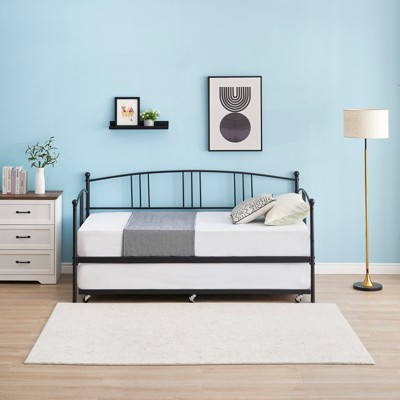 Twin Metal Daybed with Trundle, Pullout Trundle Bed Frame with Arched Headboard, Guest Sofa Bed with Steel Slat Support, No Box Spring Required