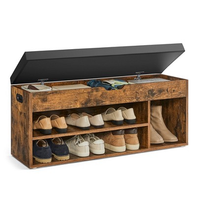 VASAGLE Shoe  Bench, Storage Bench with Cushion, Shoe Rack Bench with Padded Seat, 3 Compartments, Hidden Storage, Shelves,Rustic Brown and Black