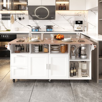 Famapy Multifunctional Mobile Kitchen Island Sideboard Kitchen Table: Foldable Countertop & Multiple Storage Spaces