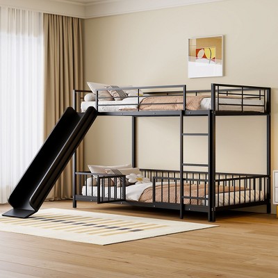 Metal Bunk Bed with Slide & Guardrails, Metal Bunkbeds Frame for Kids' Bedrooms