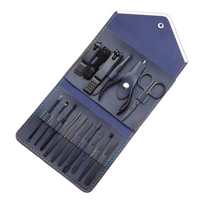 Unique Bargains Manicure Set Stainless Steel Nail Clippers Pedicure Kit With Case Black 16 Pcs