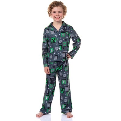 Seven Times Six Minecraft Kid's AOP Creeper & Icons 2-Piece Button Down Coat Pajama Pant Set