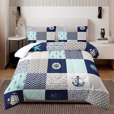Hachikiko Nautical Comforter Set,3PCS (1 Comforter + 2 Pillow Shams)-Navy Plaid Patchwork,Ultra-Soft Microfiber