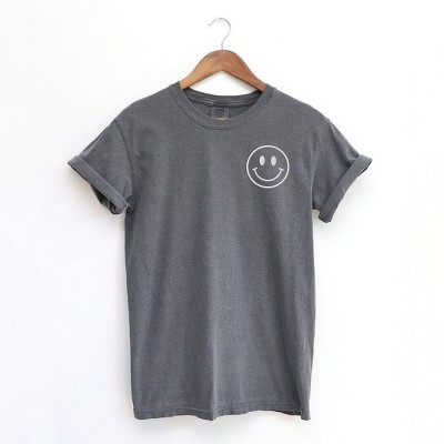 Simply Sage Market Women's Embroidered Smiley Face Outline Short Sleeve Garment Dyed Tee - M - Pepper