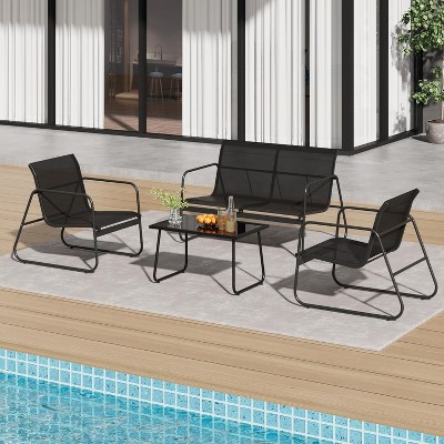 4 Piece Patio Conversation Set, Outdoor Conversation Set with Single Chairs and Glass Top Coffee Table, One Love Seat, 2 Single Chairs and One Table